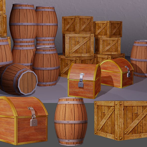 Low poly box and barrel